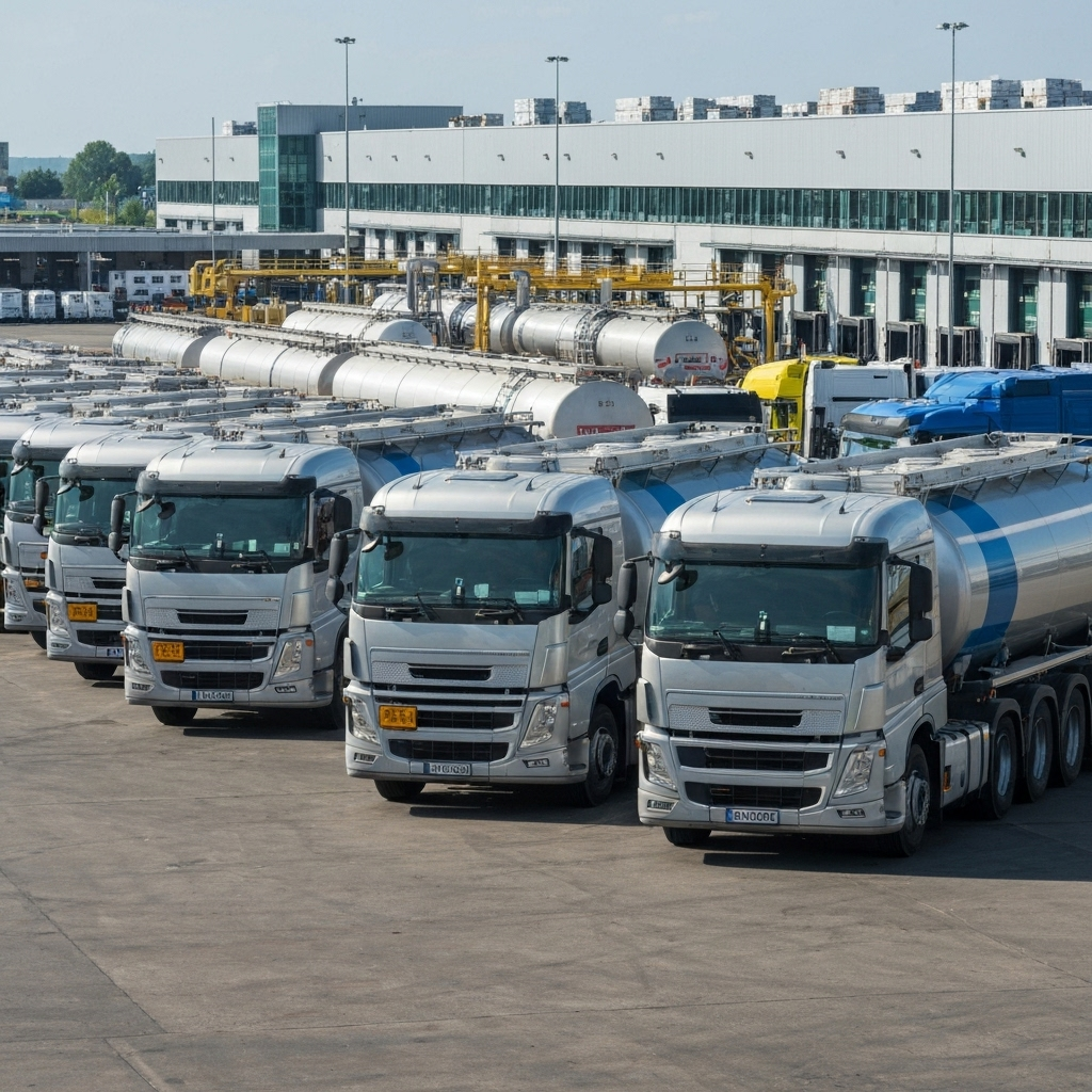 Flotă de autocisterne moderne într-un terminal logistic